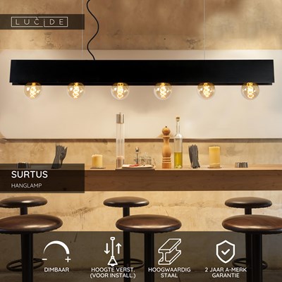 Lucide SURTUS - Hanglamp - 6xE27 - Zwart